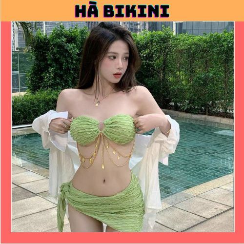 Swimwear, beach bikini set of 3 towelPiece, accessories included, QC products (ready to cushion) with chain leaves