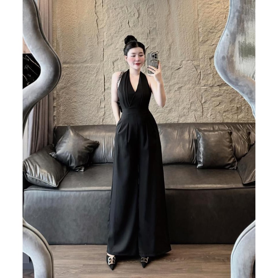[HAIR PIECE GIFT] Jumpsuit with halter neck and wide legs in three colors white, black, gray, elegant and luxurious style D105J