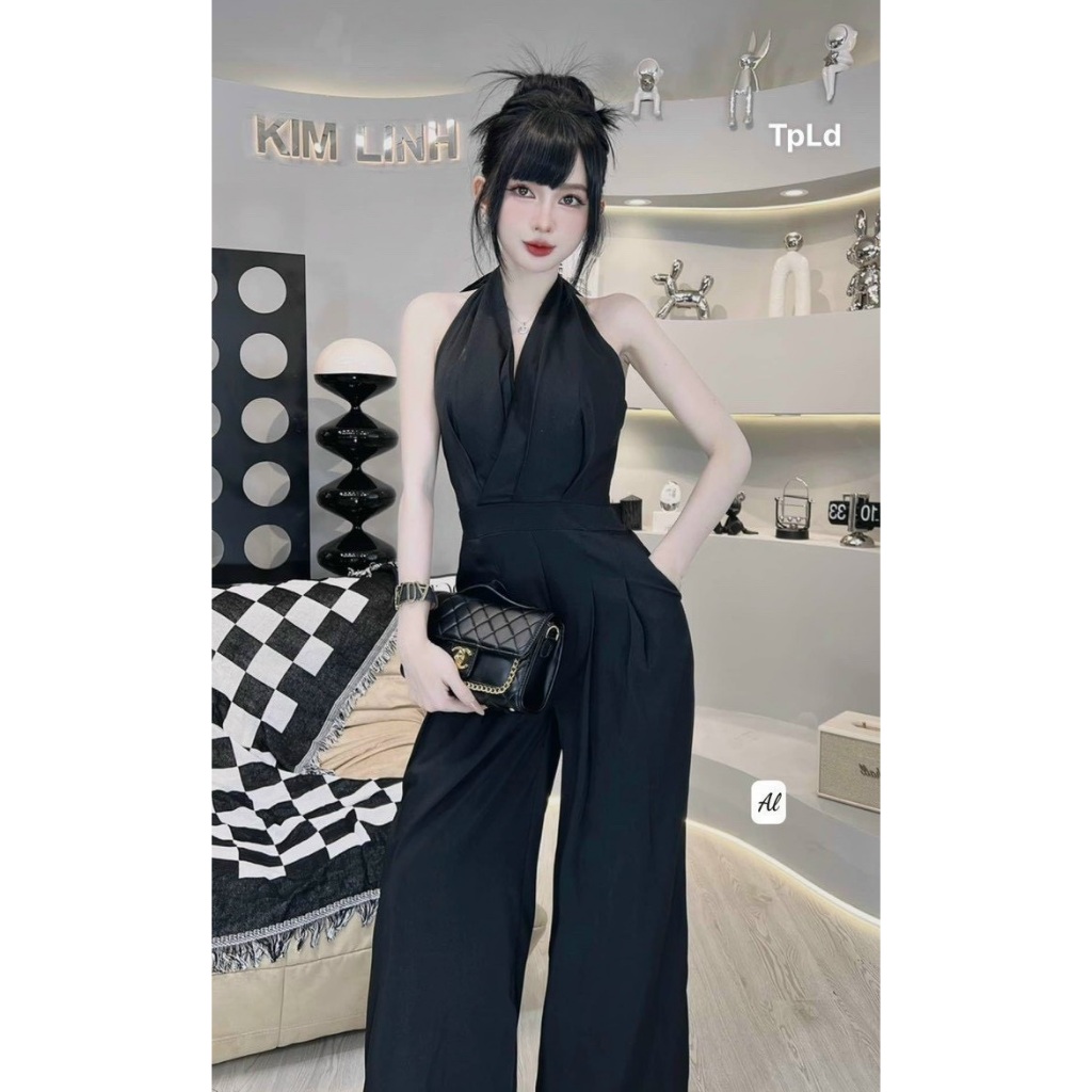 [HAIR PIECE GIFT] Elegant sleeveless black halter neck jumpsuit H100J