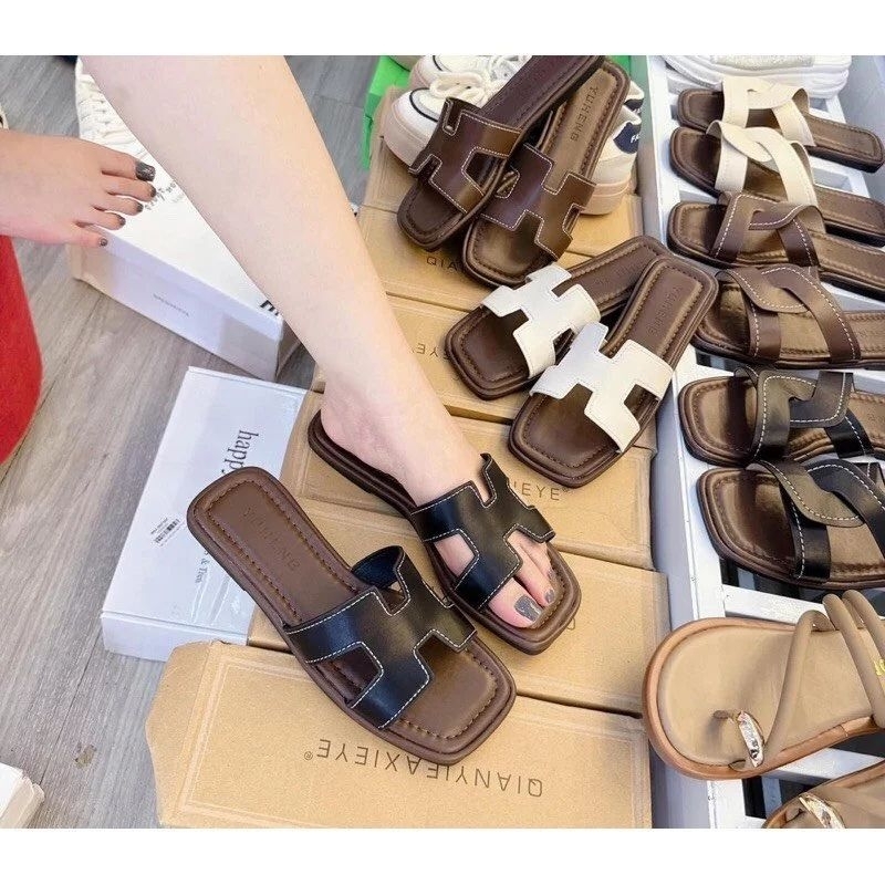 Women's H-shaped slippers with cross straps in soft leather, hot model, code 292