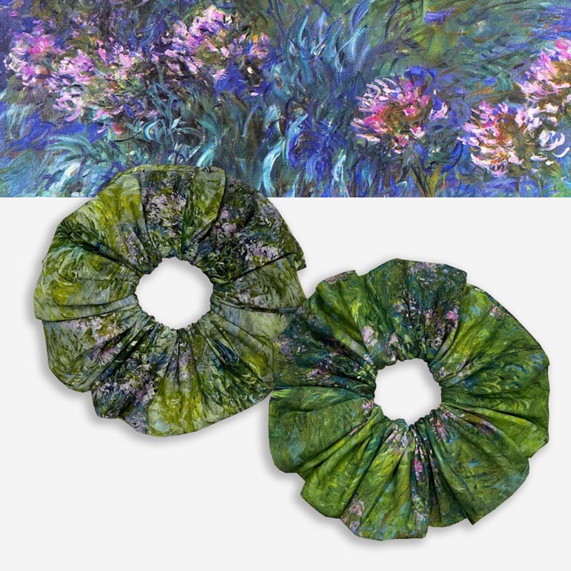 Agapthus pattern scrunchie hair tie by Claude Monet soft cotton fabric big size