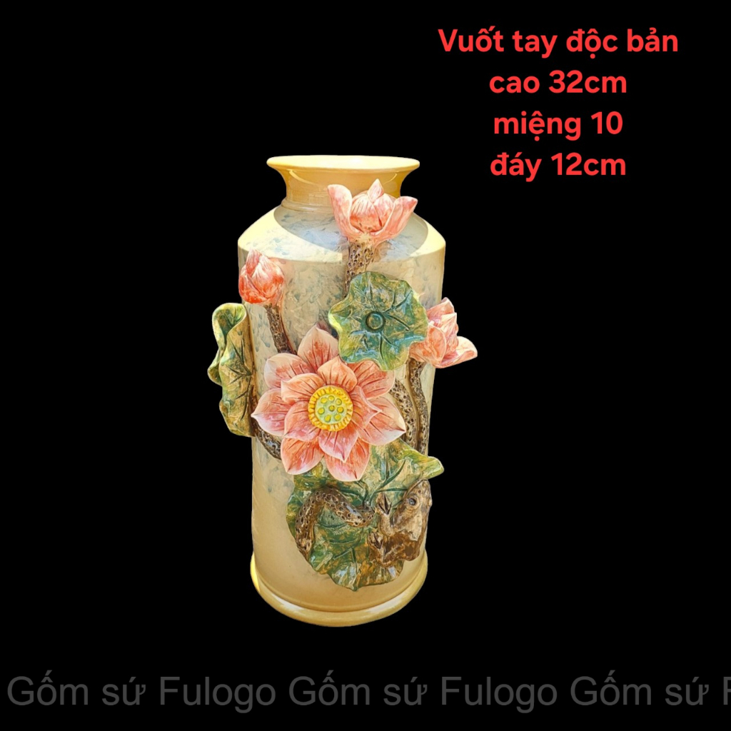 Hand-swiping Vase With Unique Lotus Edition Of Phuc An Artisan Of Bat Trang Pottery Village