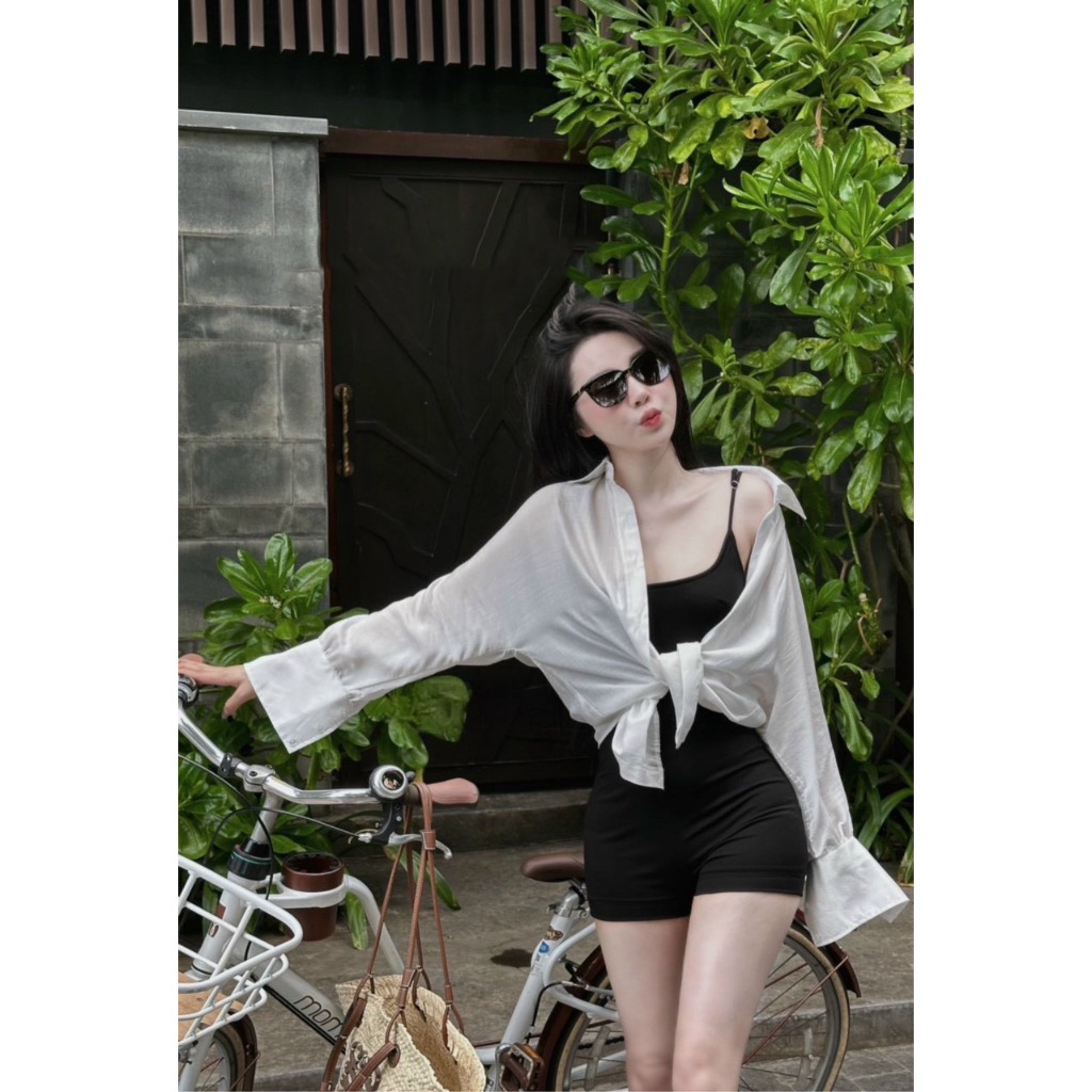 Two-strap beach jumpsuit with elastic zip shirt jacket, cool to wear, free size L128VF