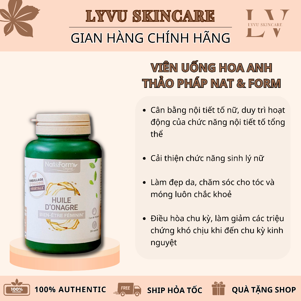 Organic French evening primrose essential oil NAT & FORM new model 200 tablets [LYVU SKINCARE]