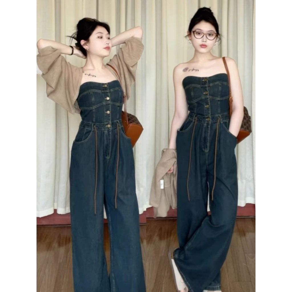 Jumpsuit MORAN dark blue denim jeans, strapless, sexy, personality, wide leg Hong Kong style
