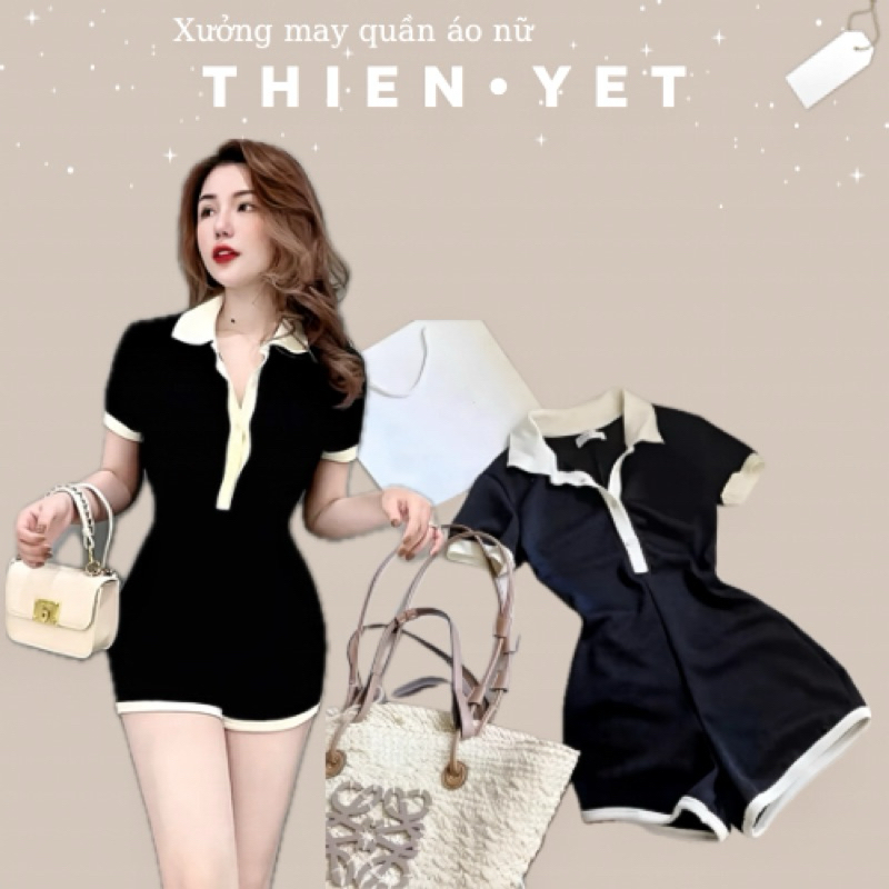 One-piece bikini jumpsuit with black collar and white border QT -G short sleeves and collar shirt for women for swimming and going out - Thien Yet jumpsuit woman