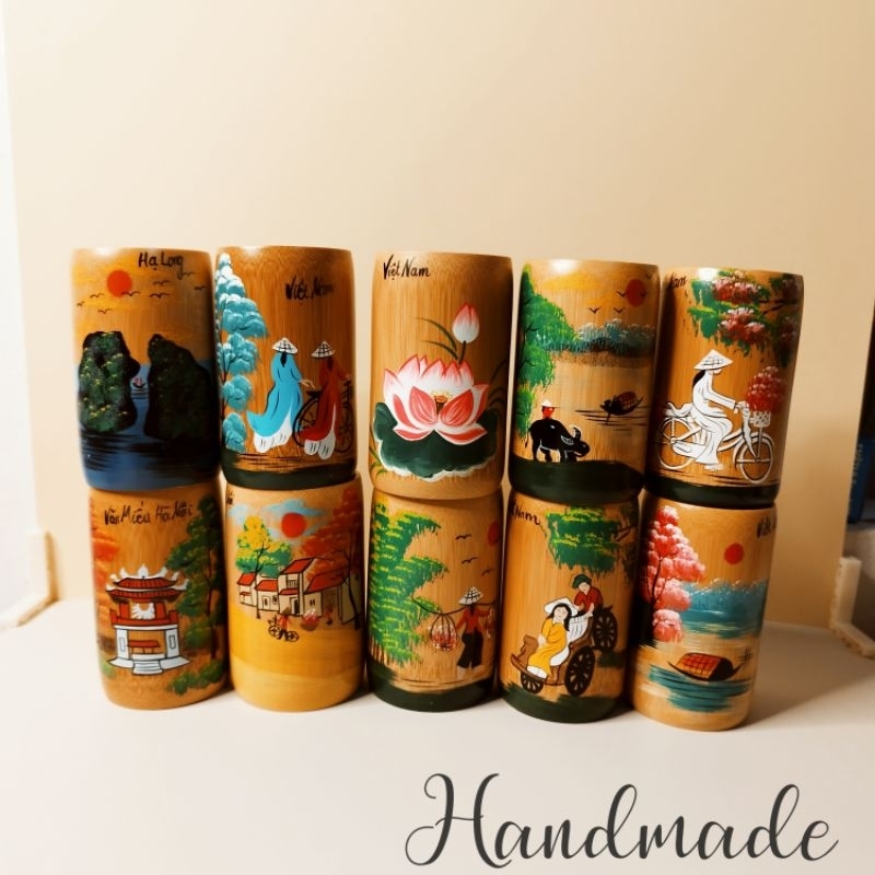 Hand-painted bamboo cup with girl image, Vietnamese landscape - bamboo pen holder - souvenir coffee mug gift