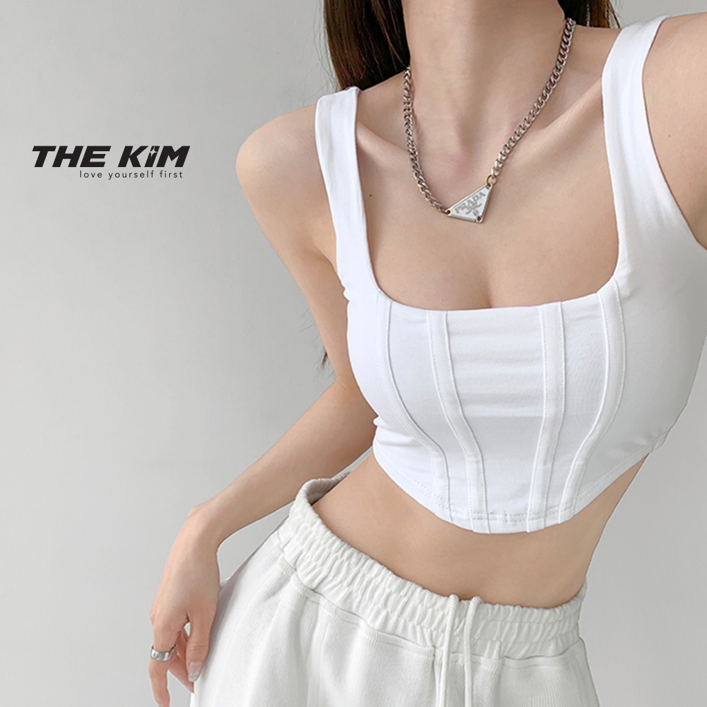 Croptop spaghetti straps croset rounded tie THE KIM, large square neck spaghetti straps top A145