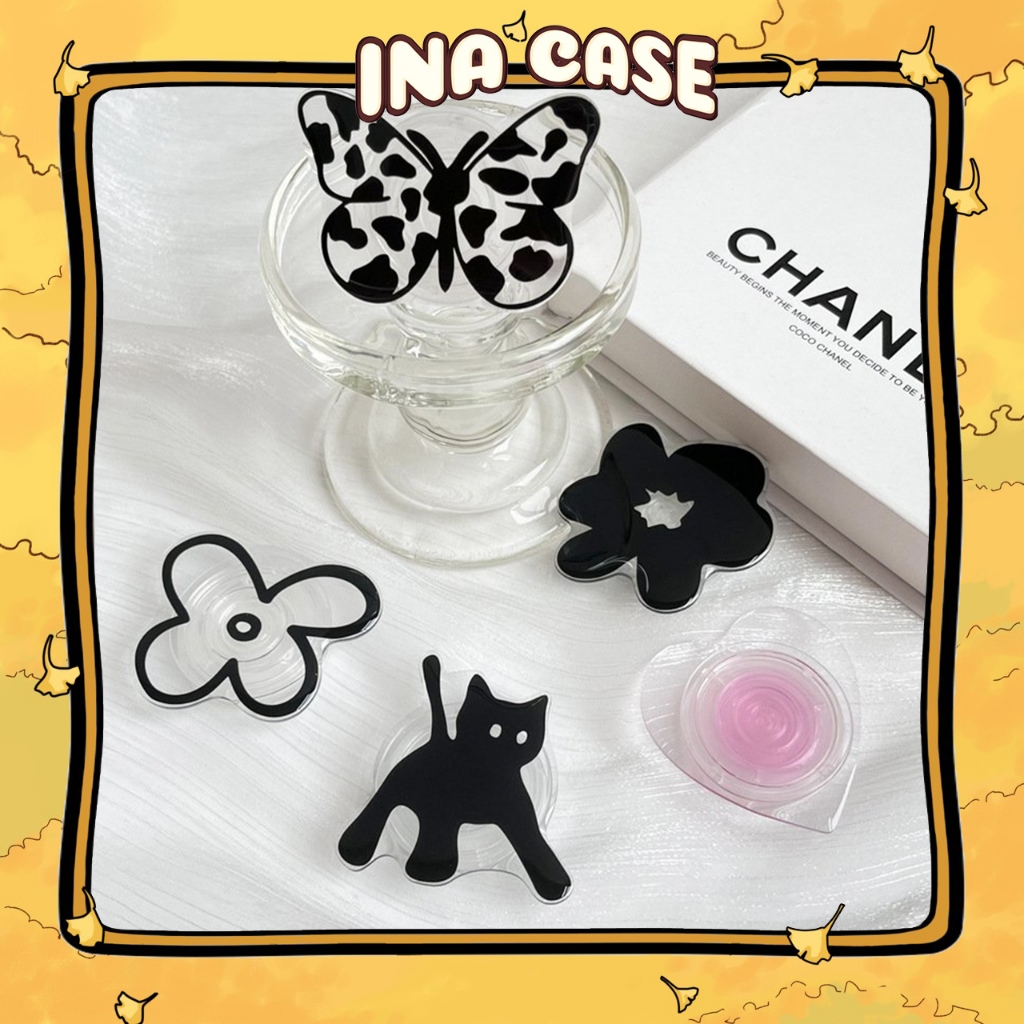 Phone holder, pop iring griptok hard plastic Cat And Black Flower - P74