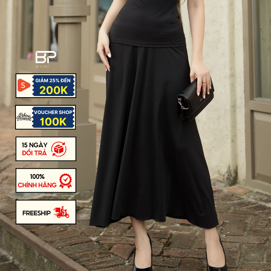 BIKINIPASSPORT women's long skirt with flexible ribbed flared style - Black - BPC005_BL