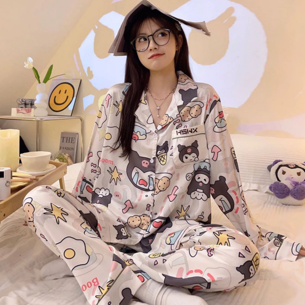 Women's home wear, women's pajama set, cute cartoon pajamas with long sleeves made of soft and pretty Thai kate