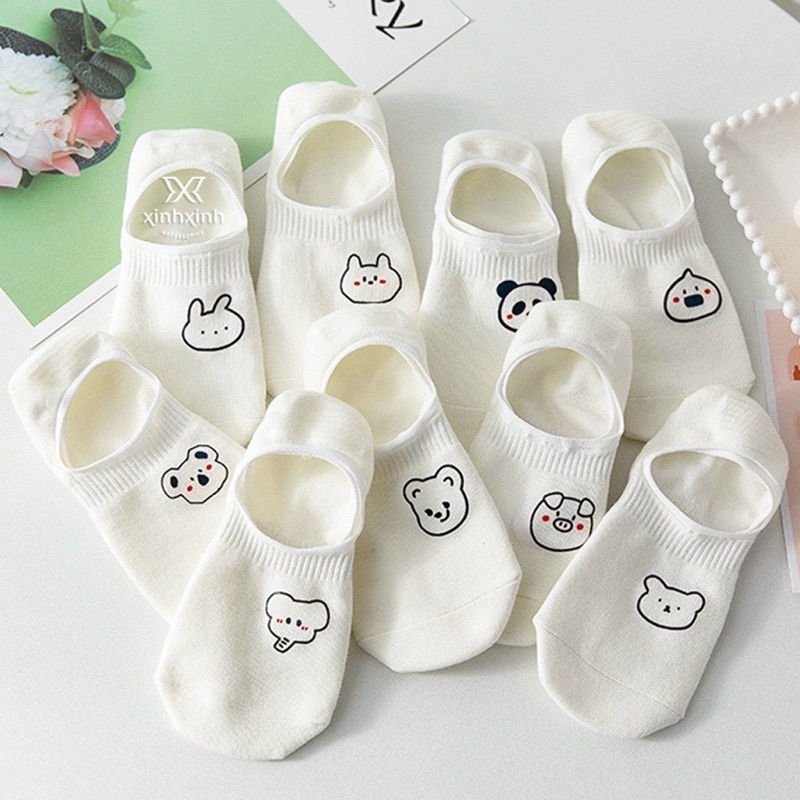 [Women'S Socks] White Comedy Socks With Short Elastic cotton Neck, Bear Print