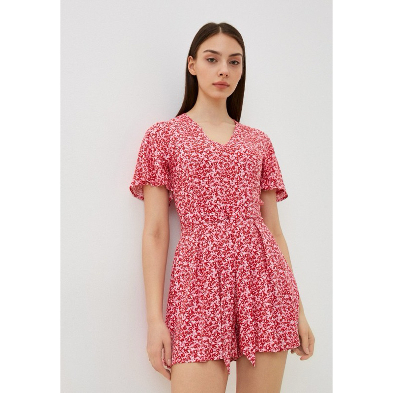 Faux Jumpsuit V-Neck Strapless Dress with Fairy Tail Sleeves Pink Flowers Super Cool Linen GLORIA JEANS Genuine Exported High Quality