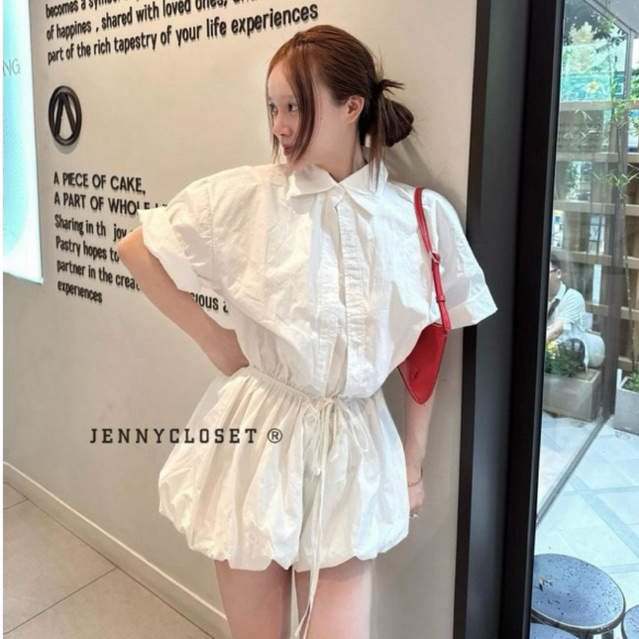 Jennycloset Jumpsuit white puffy shirt (With protective pants), Half-style shirt dress with high-quality lanyards [Ready Stock]