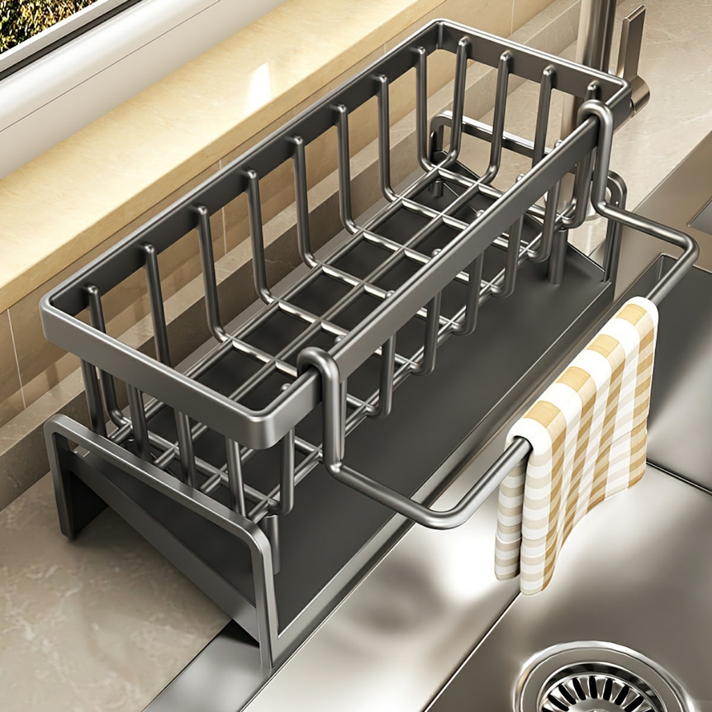 Dishwasher Rack With Built-In Hanging Bar, Convenient Sink Shelf With Water Tank Tray