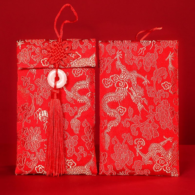 Dragon and Phoenix Embroidered Brocade Red Envelopes