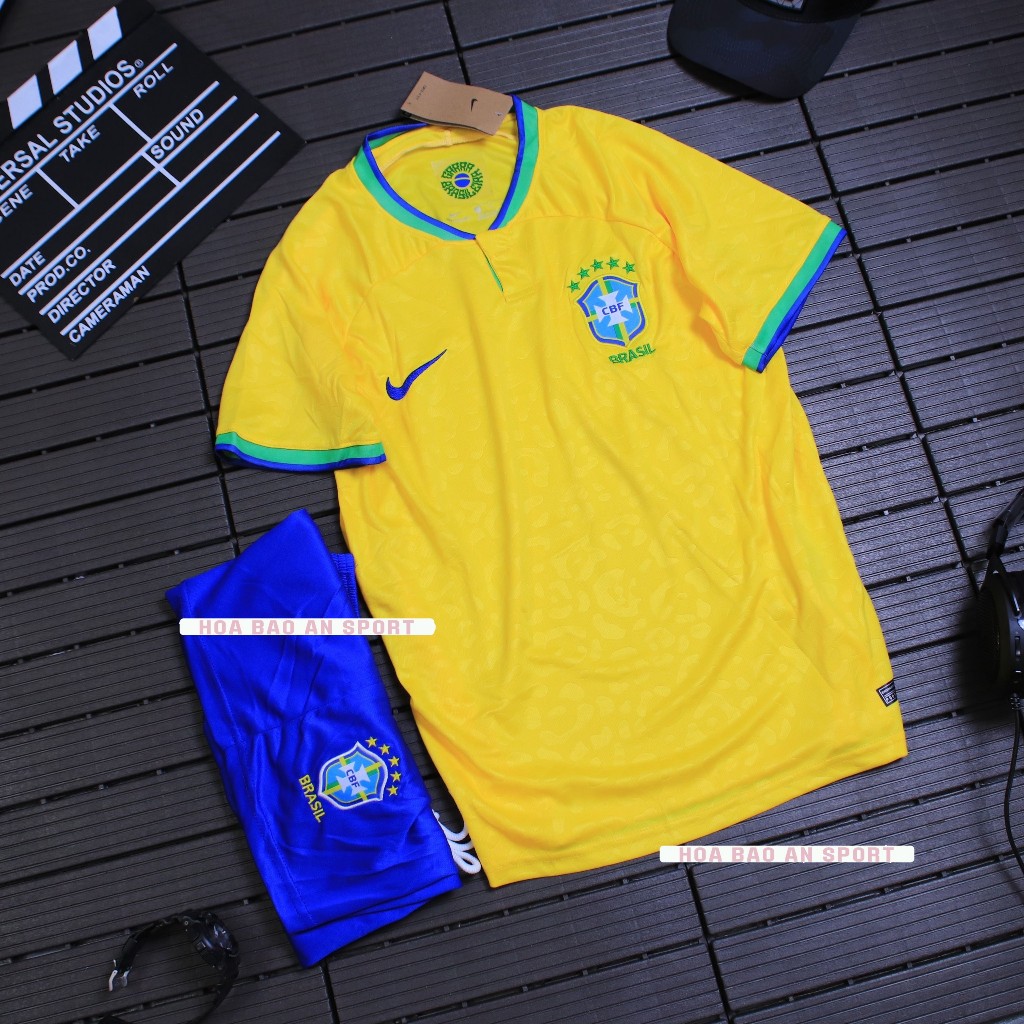 Brazil Team Football Set Yellow Home Court Blue Pants WC 2023 - High-Quality Standard Thai