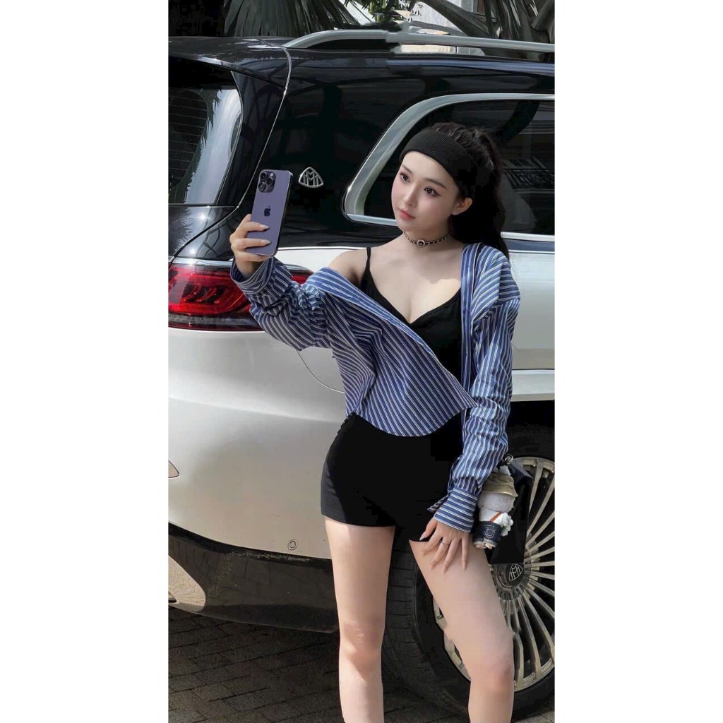 Black two-strap short jumpsuit with blue striped shirtJacket, youthful style 1QD05