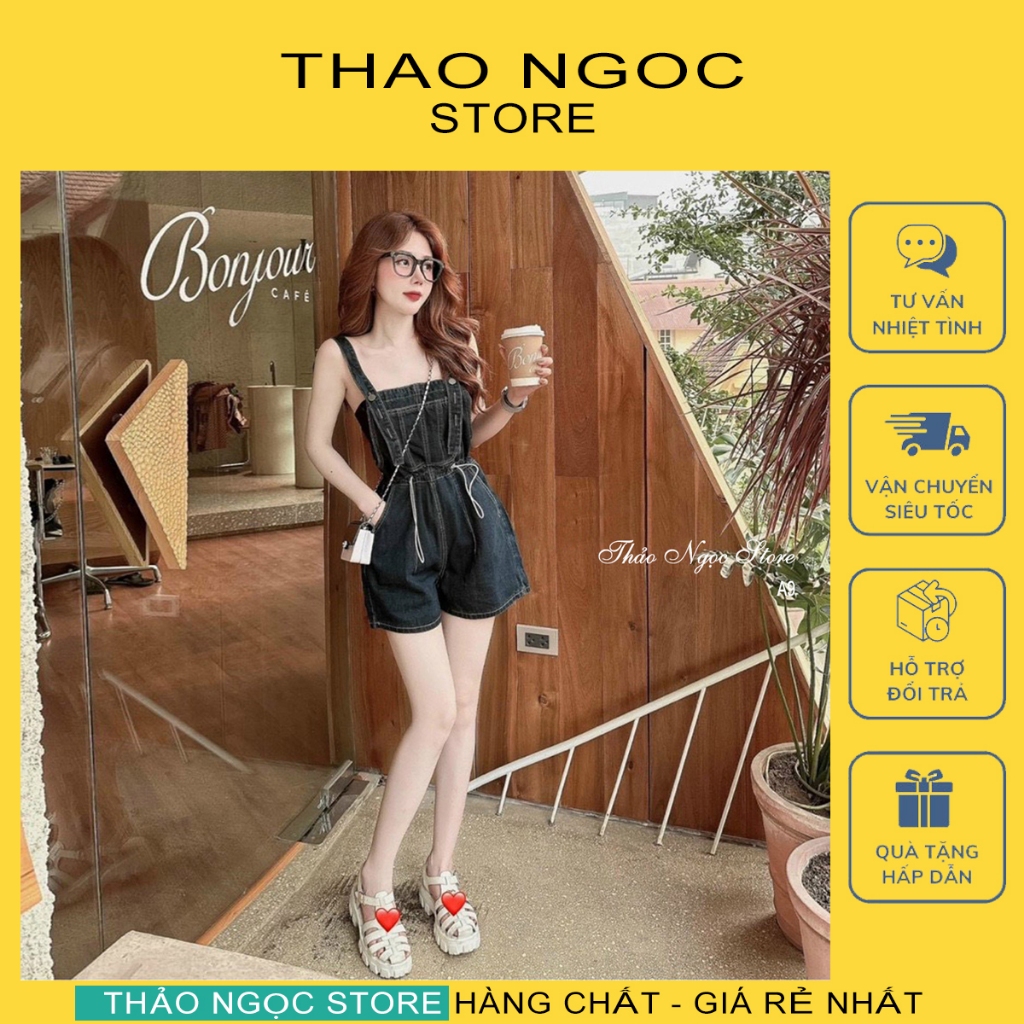 Jump short jeans with elastic waist, jump short with 2 straps! THAO NGOC STORE