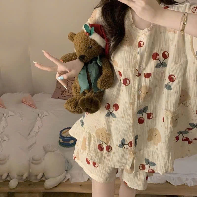 MEIQUIYI Cute Cherry/Yellow floral short summer women's outfit to wear at home
