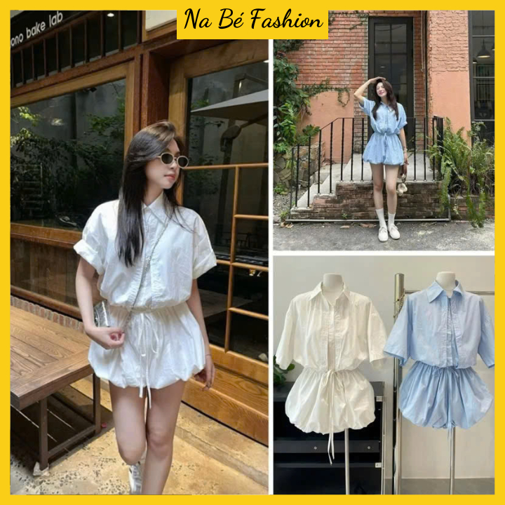 Jumpsuits with a puffy silhouette and a very pretty 2-panel shirt collar with drawstring waist NA33