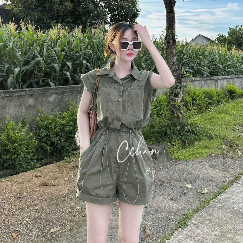 [hair tie gift] thick Guangzhou denim jumpsuit with fairy wing short-sleeved shirt collar D125HS