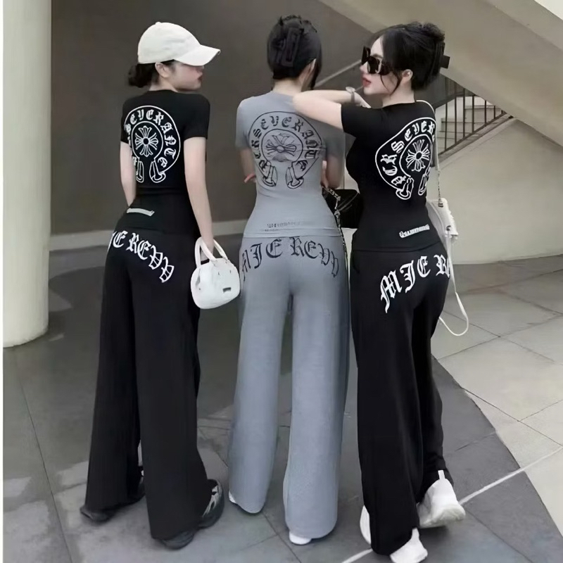 Sports Set short sleeve with Logo Printed on the Back Crop Top Mixed with Straight-Leg Pants with Dynamic Personality for Street Girl (Set printed on the back)
