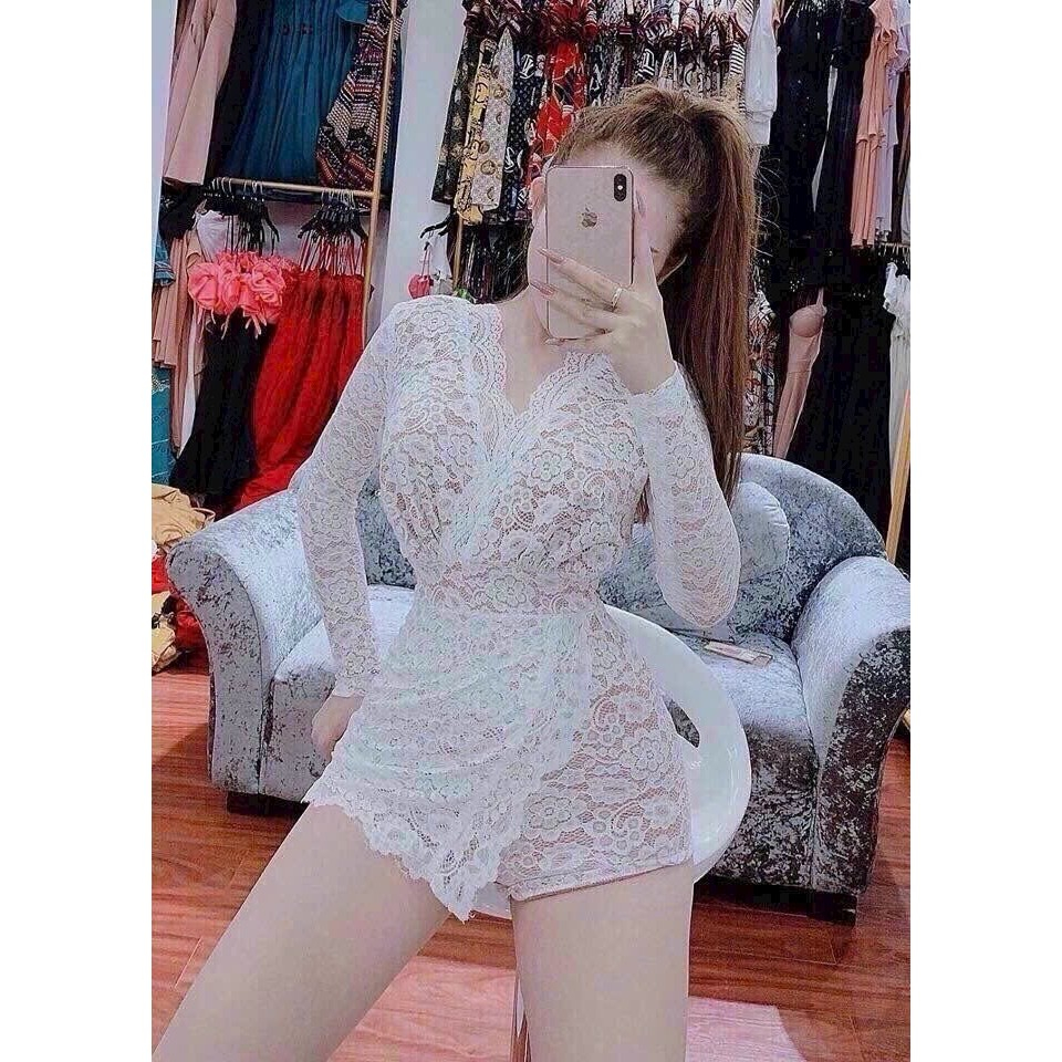 *Women's fashion jumpsuit for going out, made of lace V-neck, long sleeves, slanted lining, tie at the back, super cute mini short style