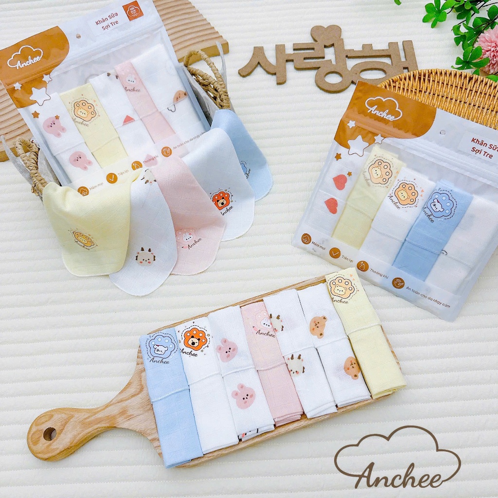 SET of 05 premium 2-LAYER ANCHEE BAMBOO FIBER MILK TOWELS, soft and absorbent for babies, size 30x30cm
