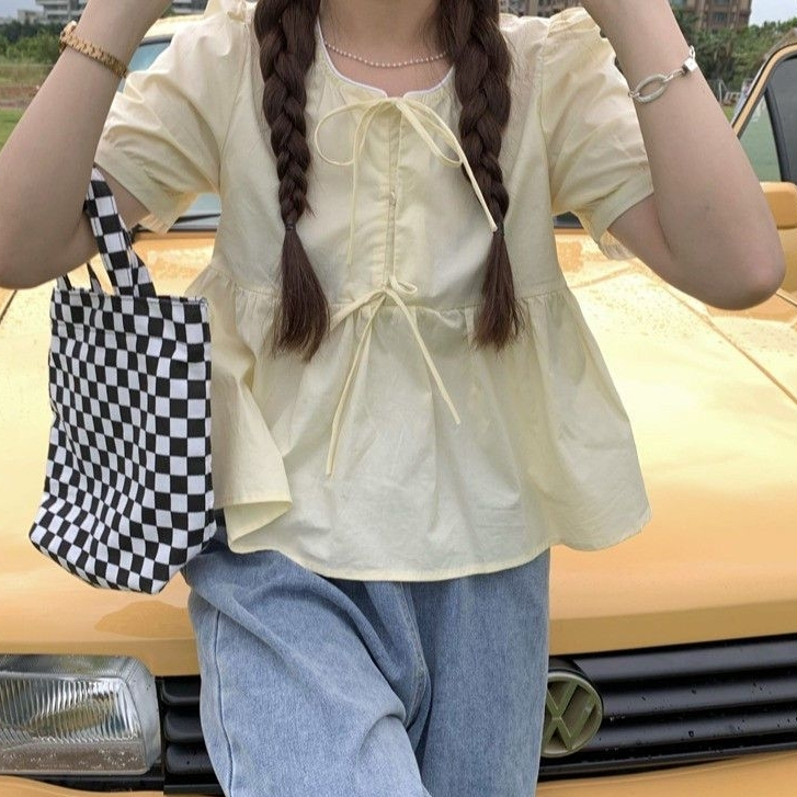 Pastel yellow babydoll shirt with round neck and bow sleeves A108 Beautiful product Kenco.clothing M2091