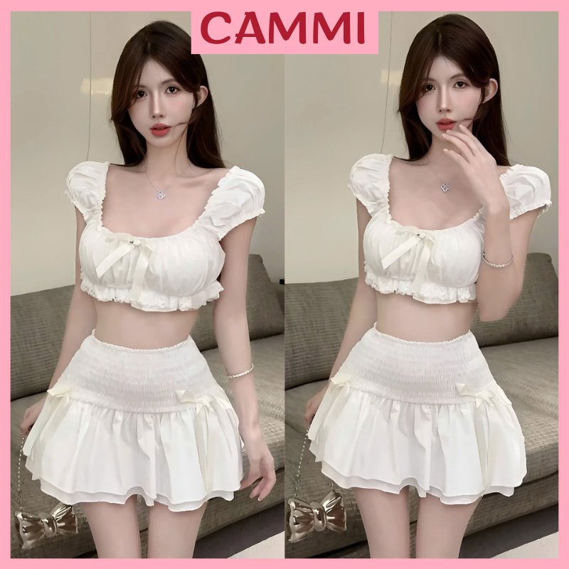 [Ready to wear] Beach Skirt Set Crochet Top with Bow Mixed with Flared Chunky Skirt with Protective Pants HB782