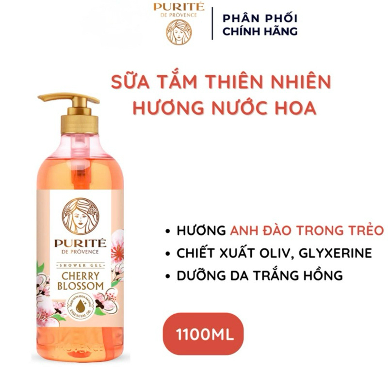 Purité Shower Gel 1100ml Cherry Blossom Shower Gel with Cherry Blossom Fragrance gently cleanses and brightens the skin with olive oil.