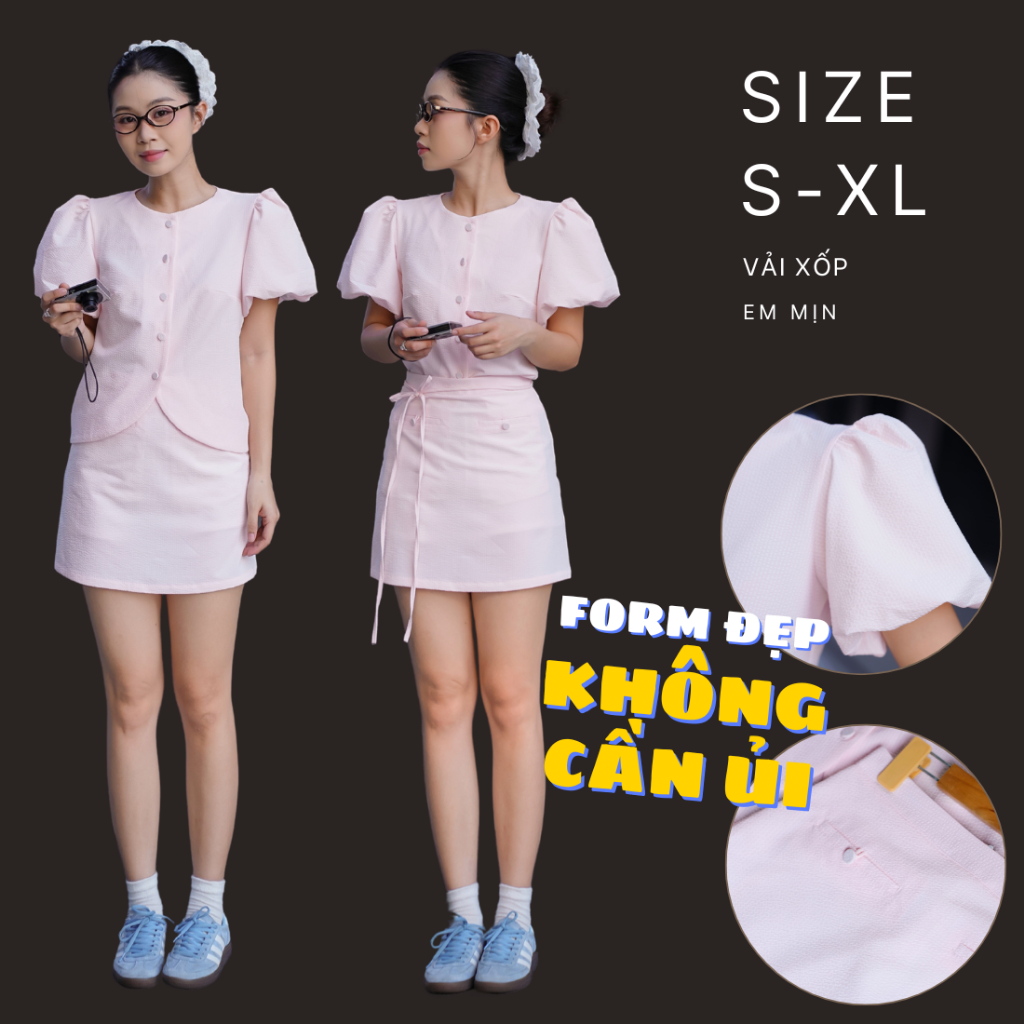 SET Buttoned dress with puffed sleeves and straps