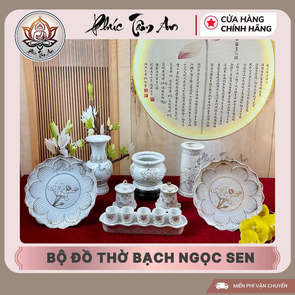High-quality White Jade Lotus Enamel Worship Set, Worshiping Items for Ancestors, Earth…