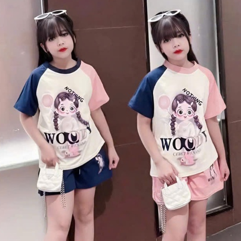 4-15 years old. Large size short sleeve Shorts set for girls with girl print, soft and sweat-absorbent cotton fabric. Ms30