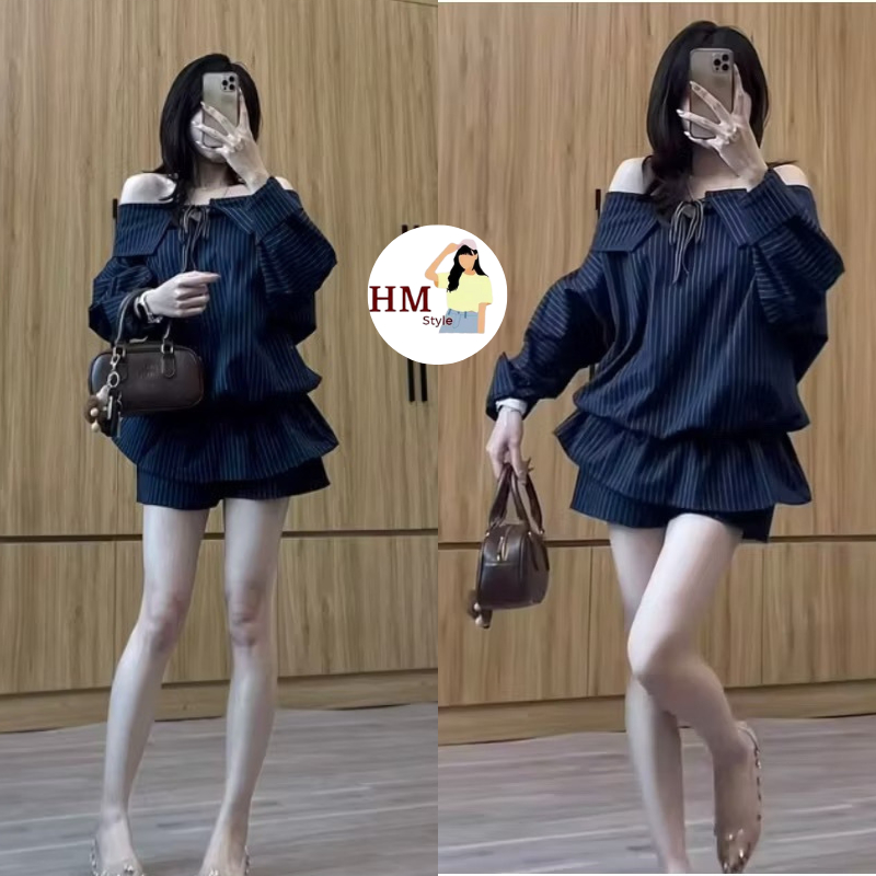 Set of off-the-shoulder jumper dress with puffy sleeves and elastic waist, charcoal green jumpsuit Set with bow tie and detachableShorts HB855