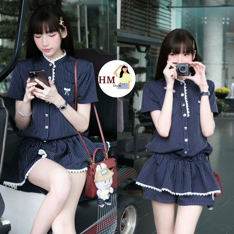 Women's Jumpsuit dress Set with train collar, lace trim, copper buttons, embroidered bow pockets and removable shorts HB980