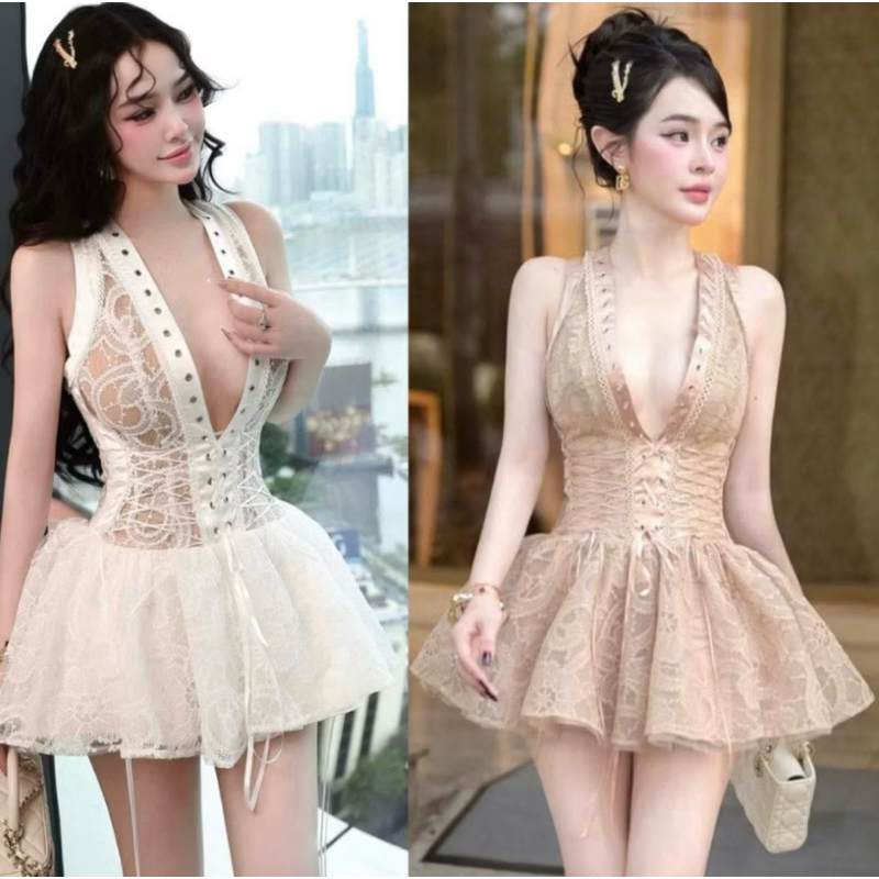 2-Strap V-Neck Dress with Oze Applique, Flared Shape, BEAUTIFUL LACE, SEXY Thao cherry stroe