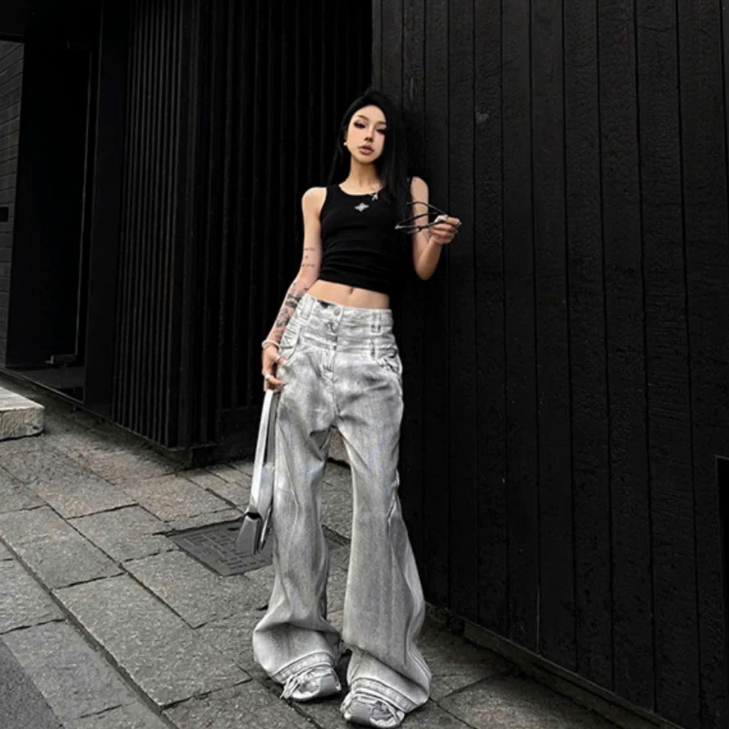 OQ013 Fashionable and stylish metallic silver gray wide-leg jeans