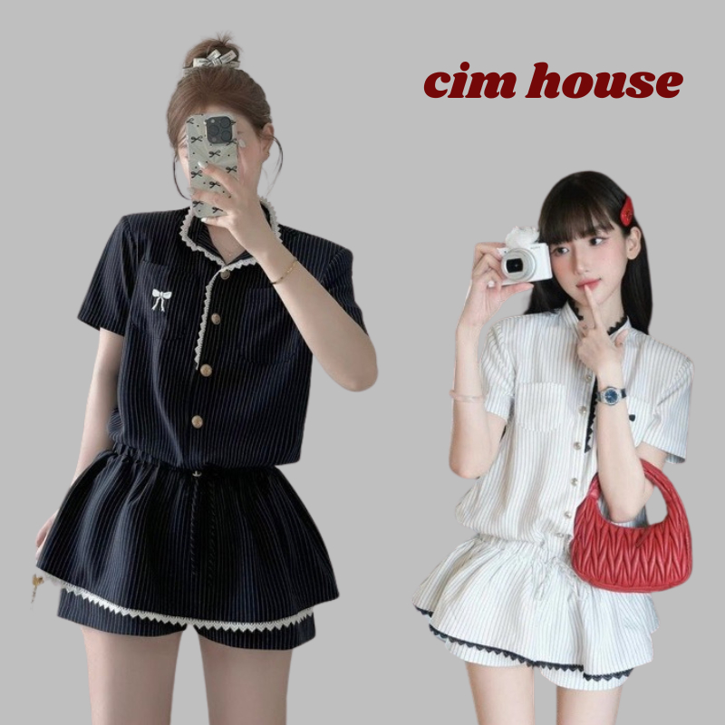 short sleeve women's jumpsuit Set with copper button collar and lace trim with bow-tie skirt pants and cute chest pocket, lady CHOUSE- CB862
