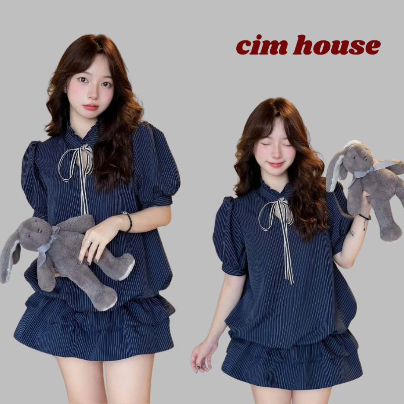 Women's Jumpsuit dress set with short puff sleeves and bow tie, lady's dress set with protective pants - MV82 CHOUSE Jumpsuit Woman