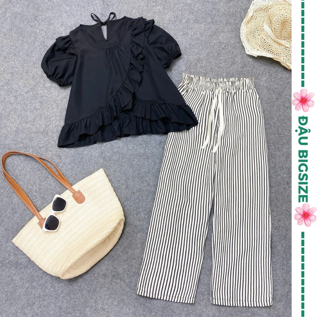 Women's big size Set of loose lace ruffle top with striped long straight-leg pants with elastic waist in soft, smooth fabric - SM277+Q534