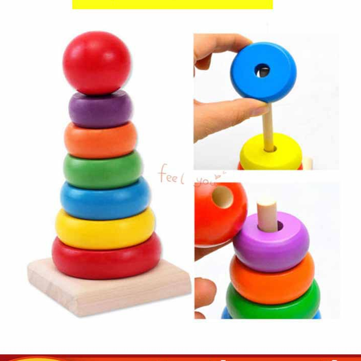 7-Color Rainbow Tower Wooden Toy Montessori Toys Educational Toy for Children to Recognize Colors and Sizes