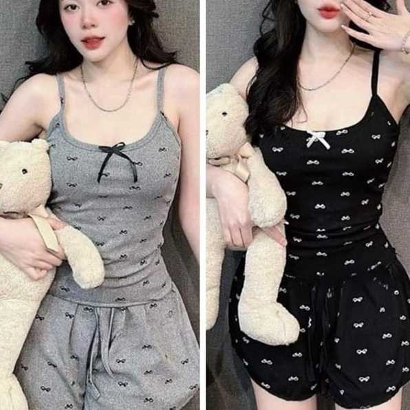 Women's pajamas Set with 2-piece bow pattern, tight print, stretchy body hugging