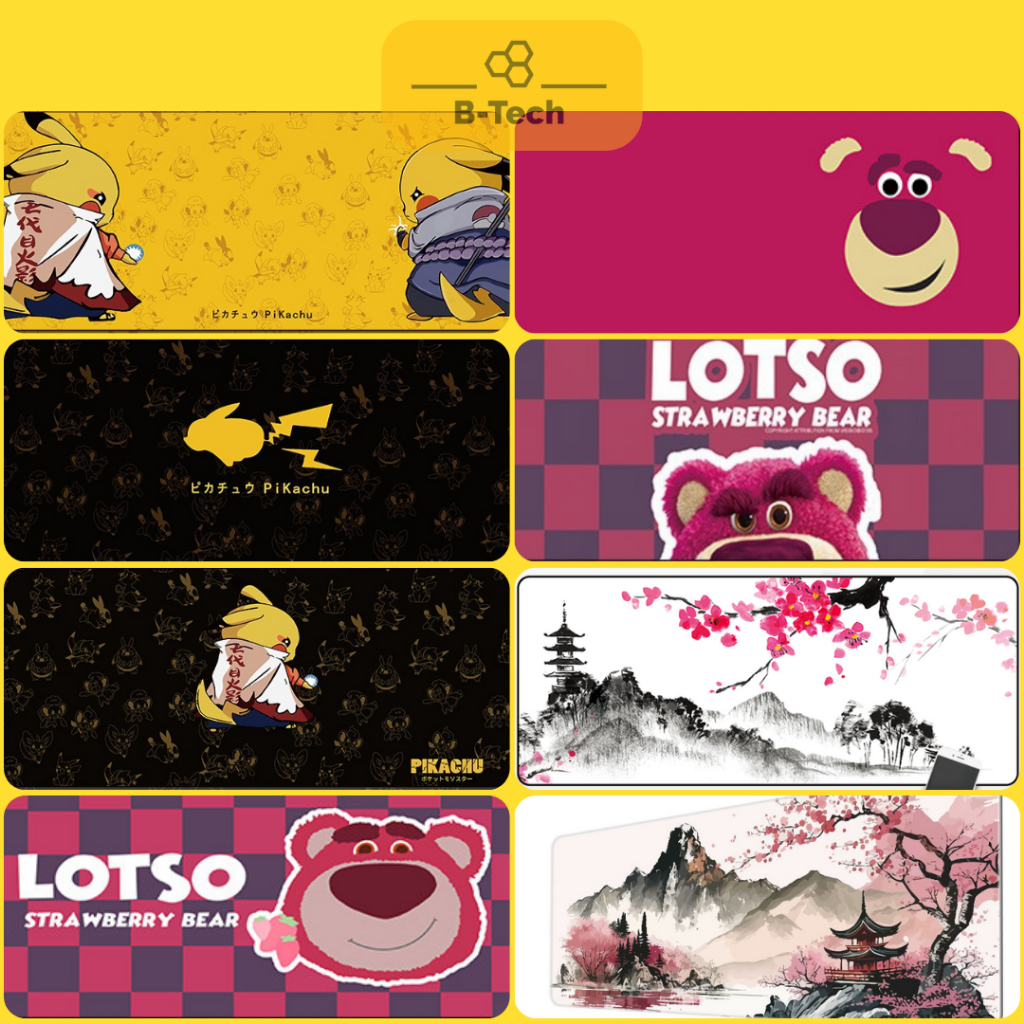 Large mouse pad 60x30cm long 80x30cm Pikachu, Naruto, Lotso pink bear thick, anti-slip, B-Tech sewn edges