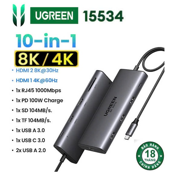 UGREEN 10-in-1 USB-C Transfer Hub (HDMI, Ethernet, Card Reader, 100W PD)