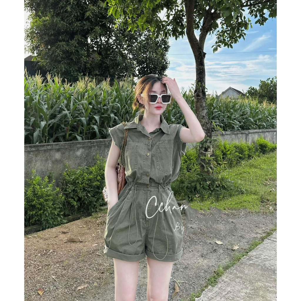 Genuine thick Guangzhou jean jumpsuit in moss green, youthful style D125V