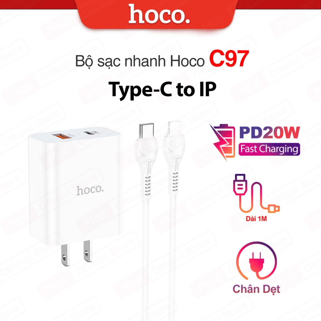 Hoco C97 Typec to IP PD20W 3.0A fast charger with USB and Type-C ports, for iPhone 7/8/X/11/12, 1M long, flat feet