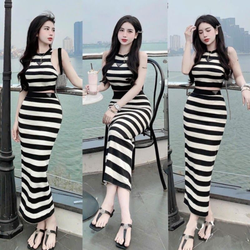 SET LONG STRIPED SKIRT + 2-STRING SHIRT WITH LOGO -ly alohashop91