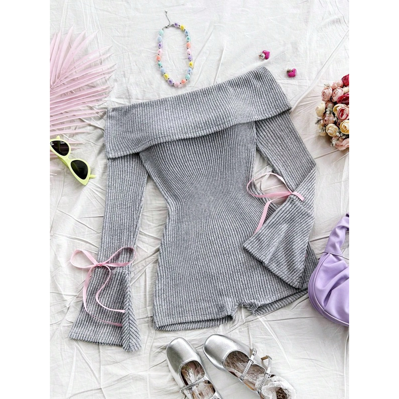 Luminous - Off-the-shoulder ribbed Jumpsuits with long sleeves and bows, super pretty body hugging